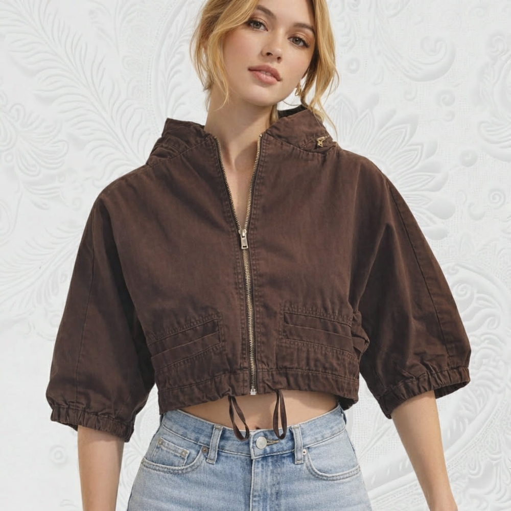 Blue Exchange- Chocolate Brown Cropped Bomber Jacket, Small